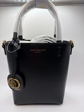 Kurt Geiger Black Leather Mini Bucket Bag with Gold Medallion